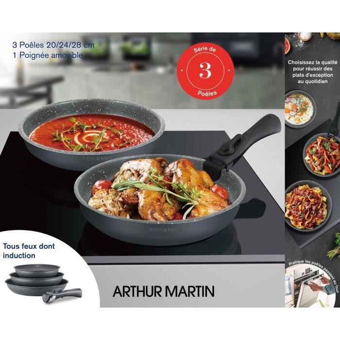Batterie de cuisine ARTHUR MARTIN AM777GM Set de 3 casseroles - Gris Mat  16-18-20 cm + 1 poignée amovible - Tous feux dont indu