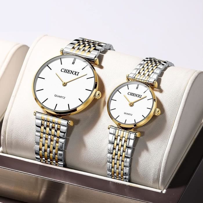 Montre Homme Femme Quartz Montre Couple Extra Plate Avec Bracelet En Acier Inoxydable Bicolore Cadran Simple Classique De u4251