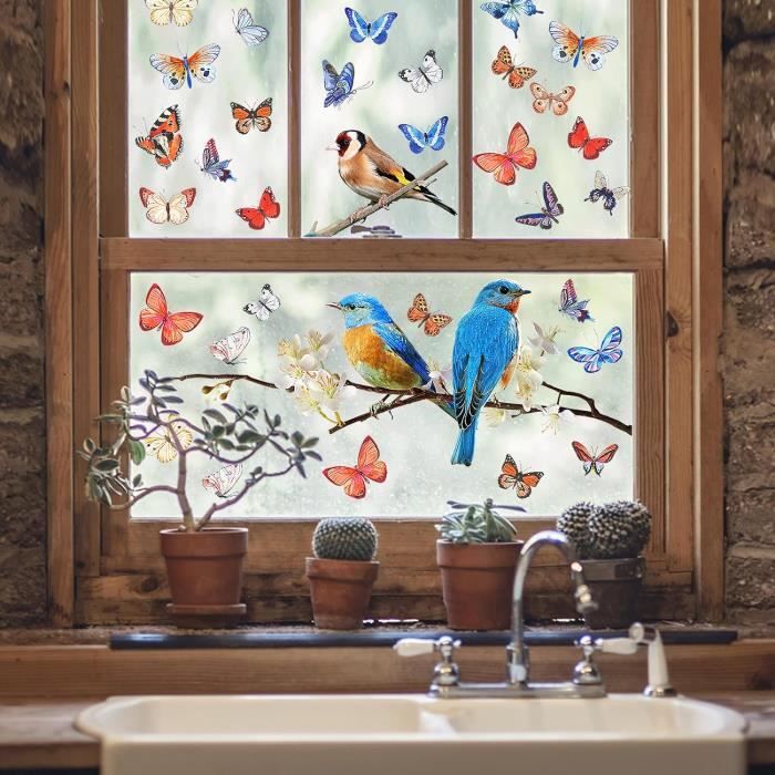 Sticker Mural Décoratif Pour Fenêtre Motif Oiseau De Printemps, 54 X 27Cm  Vinyle Oiseau Sur La Branche D'Arbre Papillons Auto[q1607] - Cdiscount  Maison