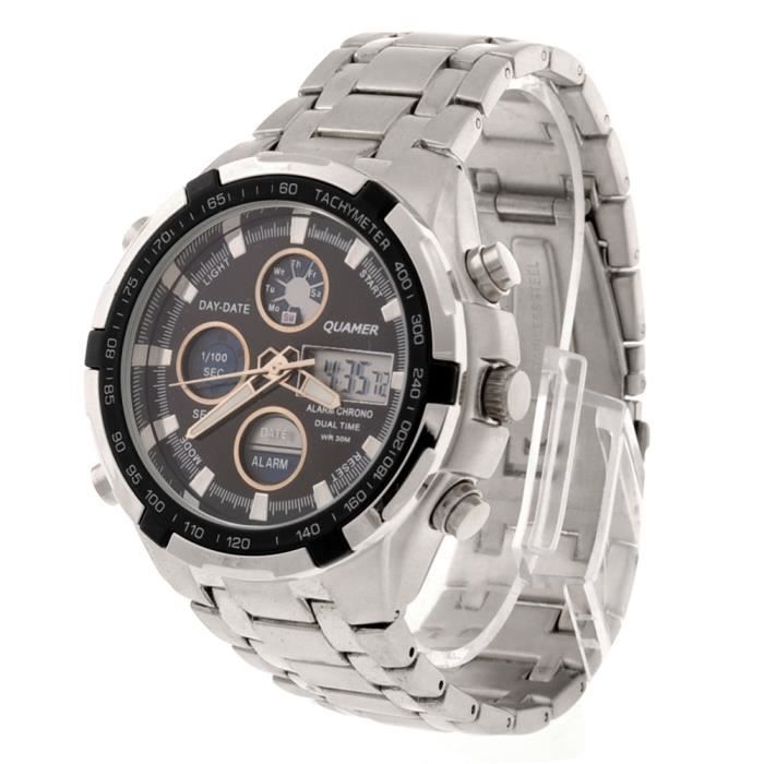 Quamer B 205g Montre quartz LED Double temps des Hommes Bracelet