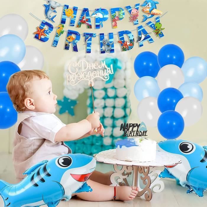 Ensemble De Décoration D'anniversaire De Bébé Requin : Bannière, Ballons, Décoration De Gâteau - France