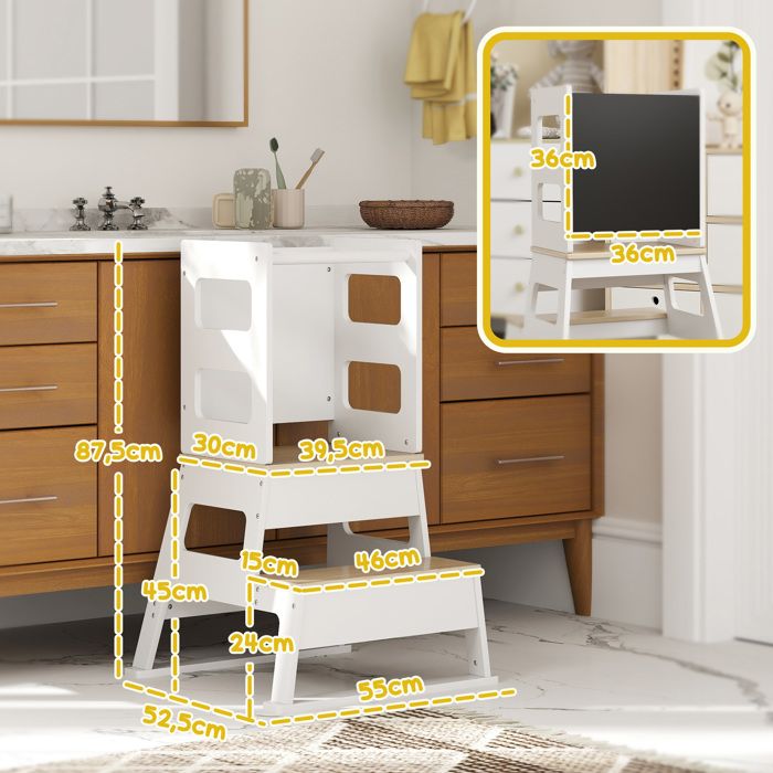 Tour D'apprentissage Enfant 4 En 1 - Tableau Noir/blanc, Hauts Rebords, Pour Cuisine Et Salle De Bain
