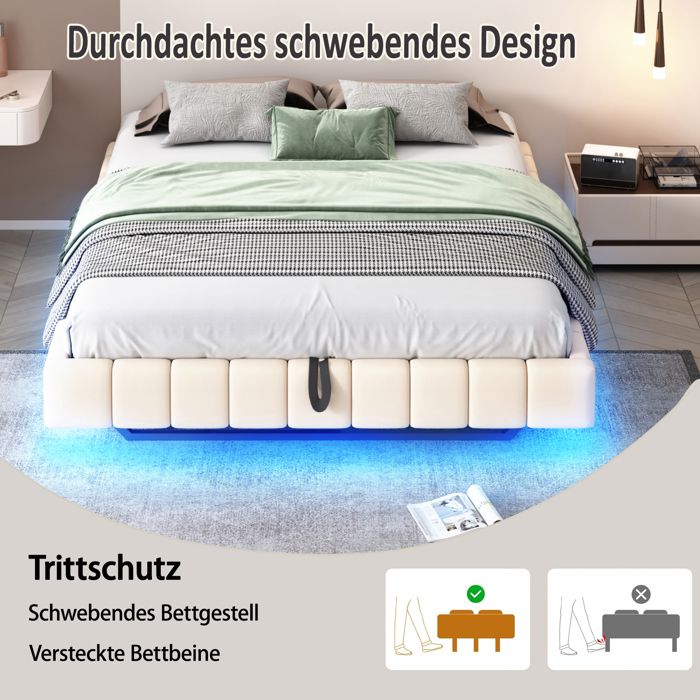 Lit 180x200 cm avec sommier à lattes,Lit double moderne avec LED et port USB,design flottant,Tête de lit pliable avec rangement,Beige,Velours | Leroy Merlin Lit 180x200 cm avec sommier à lattes,Lit double moderne avec LED et port USB,design flottant,Tête de lit pliable avec rangement,Beige,Velours | Leroy Merlin