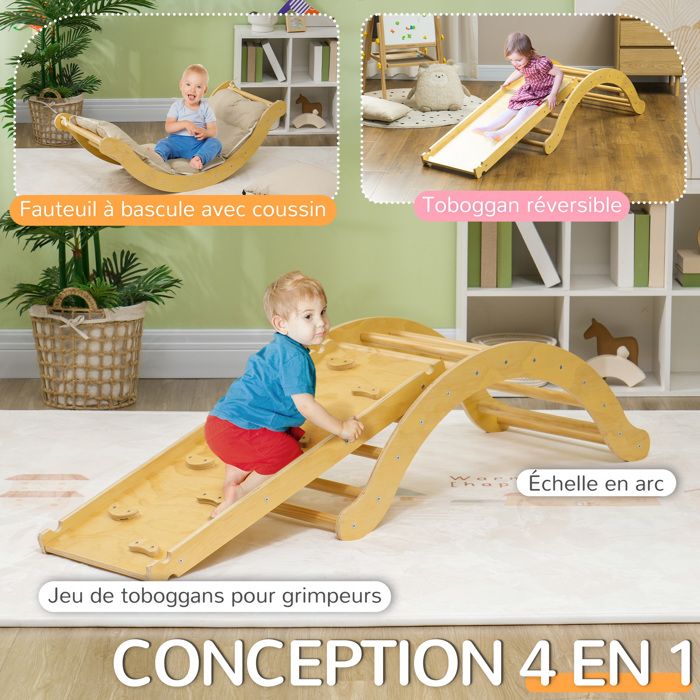 Aiyaplay – Triangle d'escalade 5 en 1 pour enfants – Construction en bois massif – Rampe réversible, toboggan, bascule – Charge max 50 kg – 18-48 mois