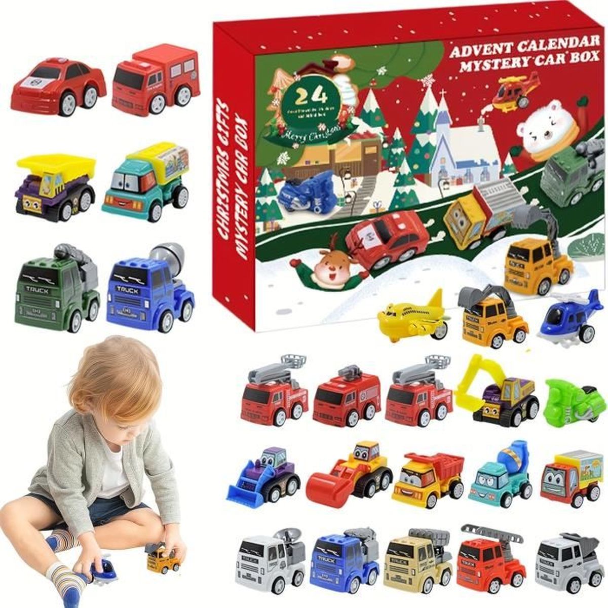 Calendrier De L’Avent Voiture 2025 Pour Enfants – 24 Jours Avec Camions à Tirer, Jeu De Bowling/course
