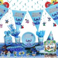 113 Pcs Stitch Decoration Anniversaire, Stitch Vaisselle Kit Inclure Assiette, Tasse, Serviette En Papier, Ballons, 10 Personne