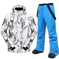 Combinaison de ski homme imperméable coupe-vent hiver chaude - Blanc Bleu Royal
