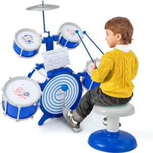 BATTERIE DREAMADE Kit de Batterie pour Enfants avec Tabouret, 5 Tambours, 2 Baguettes, Pupitre et Pédale, Jouet d'Instrument de Musique Bleu