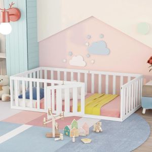 LIT BÉBÉ MISNODE Lit bébé 90 x 200, plancher en bois cadre de lit avec clôture et porte, blanc