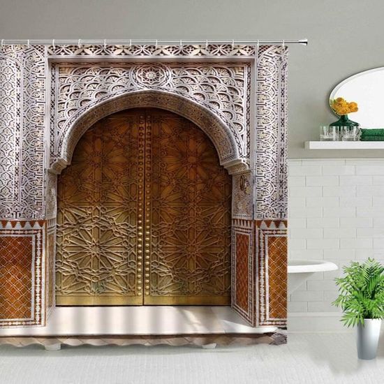 5083X-47x70in-120x180cm -Rideau de douche marocain Antique arqué portes maroc jaune bouton de porte ornemental sculpté tissu salle d