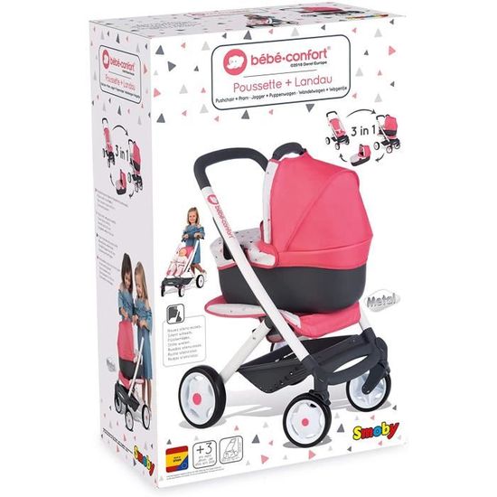 Smoby - Bébé Confort - Poussette + Landau 3 en 1 - Pour Poupons et Poupées - Roues Silencieuses et Multidirectionnelles - Panier de 