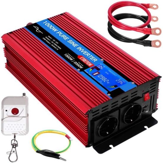 ETREPOW Onduleur 12V 220V 230V Pur Sinus 1000W – Télécommande + Écran LCD – Parfait Camping-Car, Voiture, Solaire