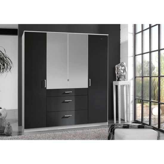 Armoire Design 4 Portes 3 Tiroirs Avec Miroir Noir Laque Blanc