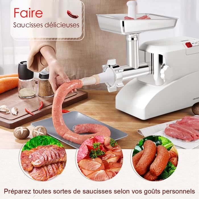 Hachoir Electrique à Viande 1800W avec Lame de Coupe en Acier Inox. Blanc Plaques de Broyage en Alliage D'Aluminium pour Saucisse