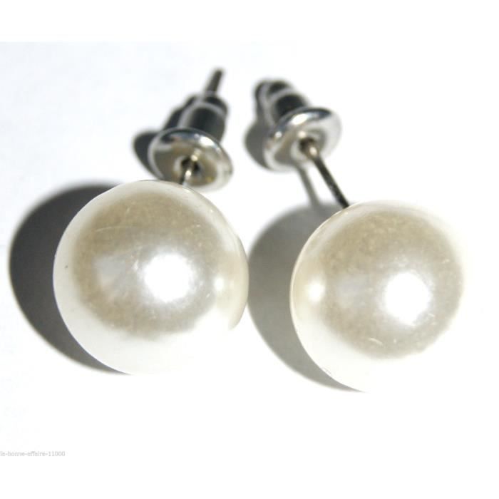 BOUCLES D'OREILLES BOULE IMITATION PERLE DE CULTURE BLANC NACRE 12MM