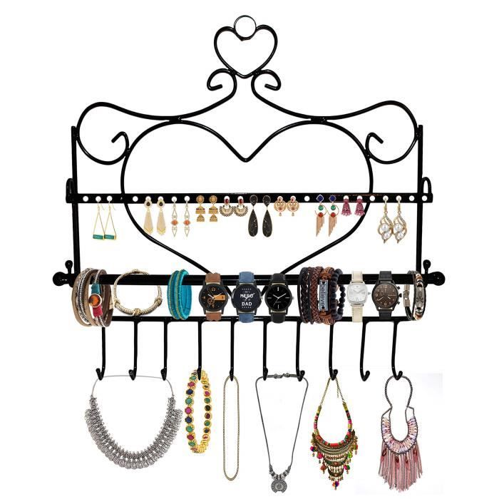 Porte-Bijoux - Présentoir de Bijoux 10 Crochets et 28 Trous - Cadre Métallique Noir en Forme de Coeur - Montage Mural 34 cm x 35