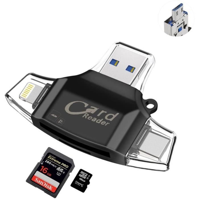 Lecteur Carte USB TF Card Reader - Sonoka Lecteur de Carte Mémoire 4 en 1 Lightning/USB 2.0 Standard/Type C/Micro USB Adaptateur Car