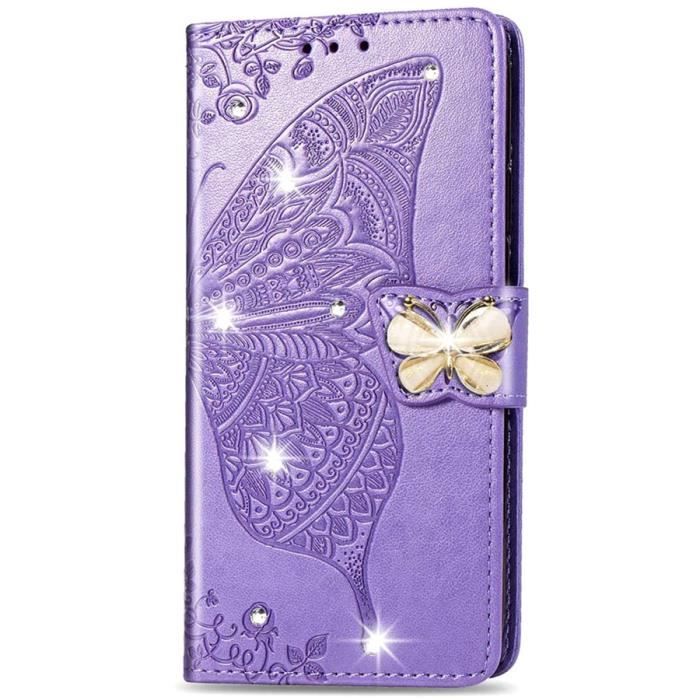 Étui Samsung Galaxy A20E, Papillon Fleur Porte-Cartes Cuir Dragonne Paillette Élégant Support Antichoc, Violet clair