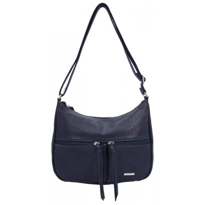 David Jones - Sac à Main Bandoulière Femme Multipoche - Besace Sacoche Epaule Cuir Souple Poches Multiples - Pochette Ville - Bleu