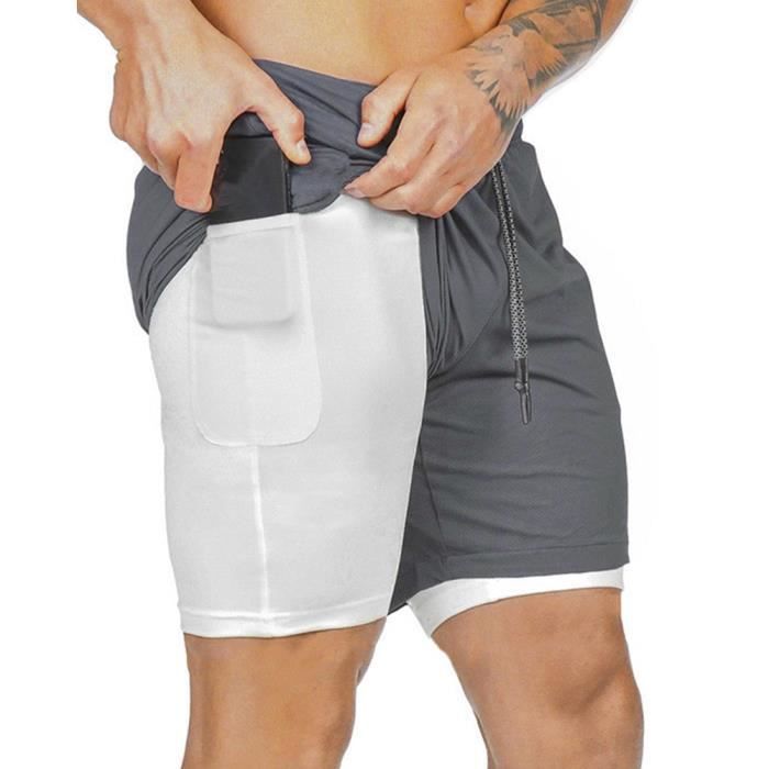 Homme Short de D'athletisme à Pied Double Couche Et Doublure avec Poches Gris foncé