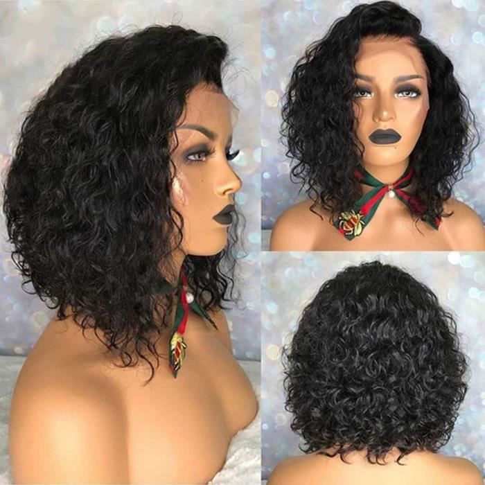 - Perruque Femme Afro Naturelle Cheveux Boucl&eacutee Perruque Lace Frontale Deguisement Noir 16 Pouces