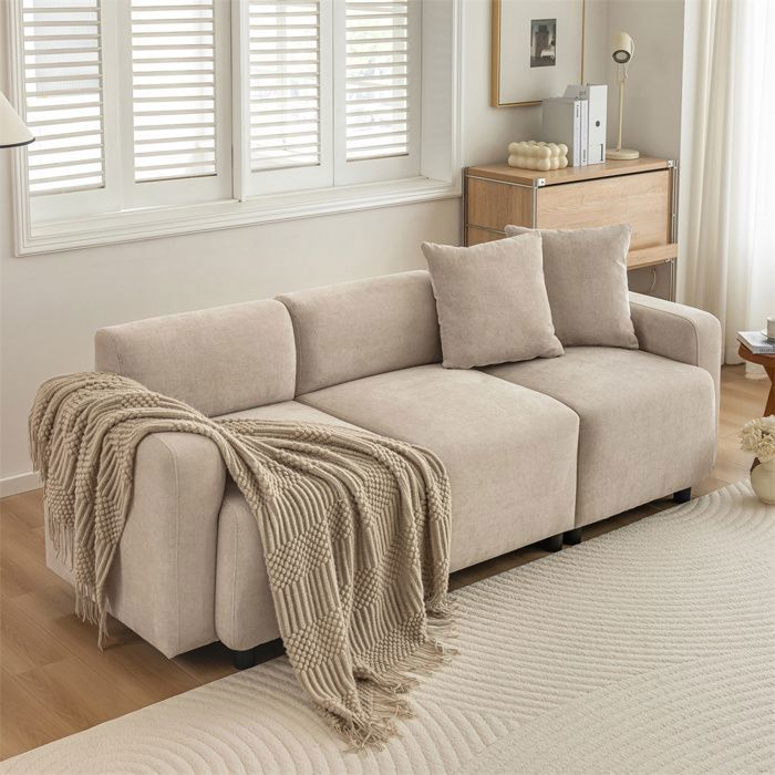 Canapé 3 Places Beliani VISKAN Tissu Chenille Blanc Cassé - Moderne - Pieds Bois