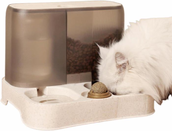 Meilleurs prix pour 2 en 1 Distributeur Croquettes Chat,mangeoire avec Fontaine à Eau,Bol pour Chat,Bol Amovible,Fournitures pour Animaux de Compagnie