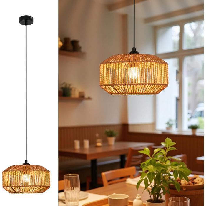 Lampe suspension rotin naturel NETTLIFE 1 lumière Design bohème chic métal noir Court Luminaire E27 pour salle à manger salon