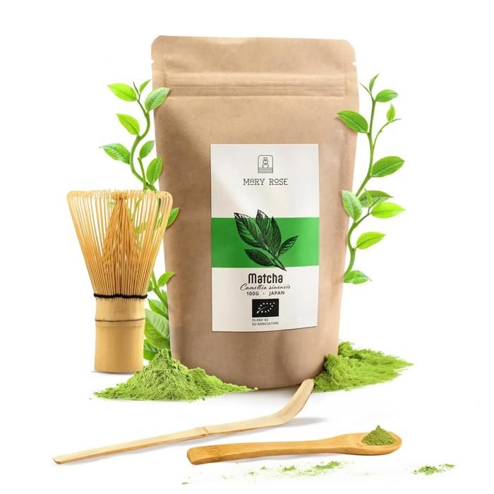 Thé Matcha Bio Kit Mary Rose Japonais Vert Poudre 100g Fouet Bambou Aide à la perte de poids