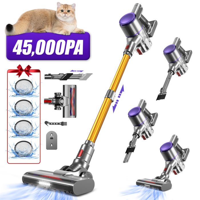 Aspirateur balai sans fil 45000Pa/1.6L/60Min dAutonomie Aspirateur sans Fil Écran LEDavec 4 HEPA pour Sols Durs/Tapis/Les Poils