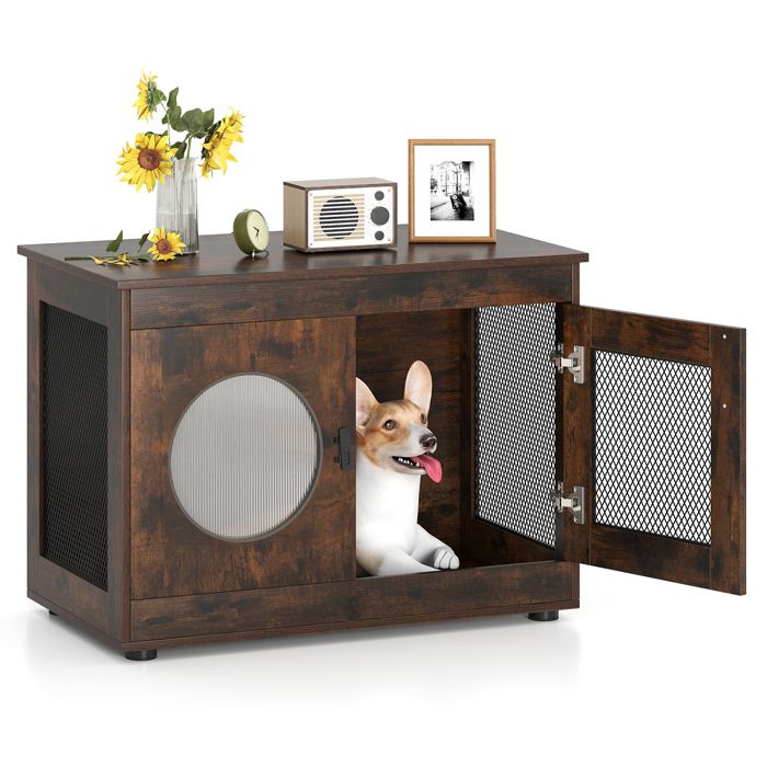 Meilleurs prix pour 2 En 1 Meuble Bac À Litière Pour Animaux Costway, Fenêtre Translucide, Cage D'intérieur Pour Chien 82 X 47 X 60 Cm, Brun Rustique