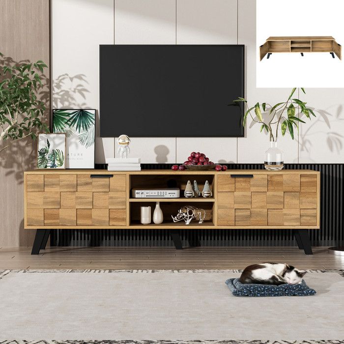 Meuble TV 160 cm - 2 portes - 2 niches ouvertes - Style bois moderne - Pieds hauts