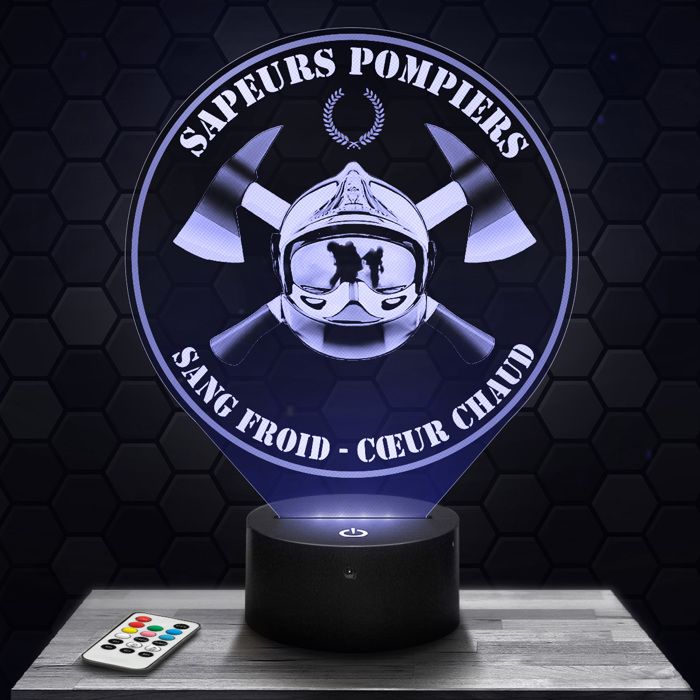 Lampe 3d _ Logo Pompier Sans Froid Coeur Chaud - Accessoire Objet Cadeau Pompier - Veilleuse Led Tactile avec socle au choix TOP