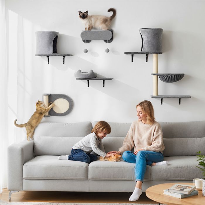 Meilleurs prix pour Étagères murales pour chat arbre à chat mural 5 pièces 2 niches hamac plateformes griffoirs en sisal gris