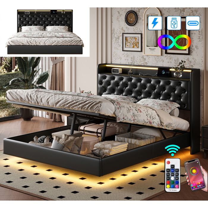 Lit 160x200 cm LUMINARIX Lit double éclairage LED Lit Coffre USB et Type-C Lit rembourré Matériau en cuir synthétique Lit flottant