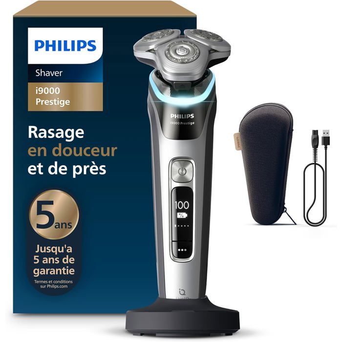 Philips Rasoir i9000 Prestige Rasoir électrique sec et humide Slate Nova avec technologie Skin IQ système Triple Lift & Cut lames rotatives 360 Dual SteelPrecision modèle XP920410