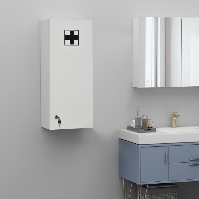 Armoire à pharmacie murale avec serrure 5 étagères et tablettes réglables bois et verre blanc 30x20x70cm