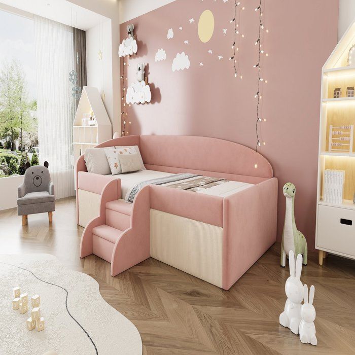 Lit enfant 90x190 cm en velours rose et blanc barrières rembourrées et marches antidérapantes