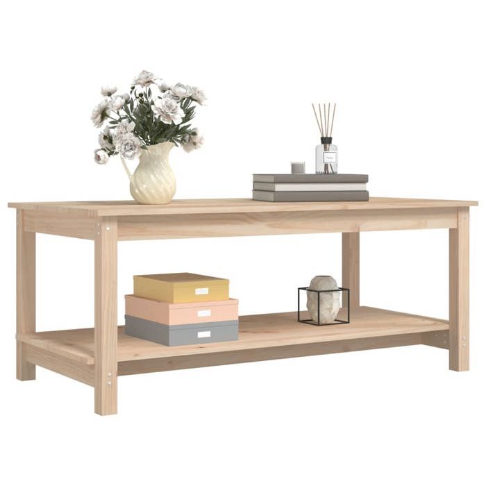 Table basse en bois massif - vidaXL - 110x55x45 cm - Bois de pin massif - Brun - Design à 2 niveaux - Étagère ouverte