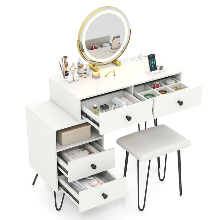 Coiffeuse et Tabouret Rotatif COSTWAY Miroir et Lumières Réglables Station de Charge 4 Tiroirs Coulissants Compartiment Ouvert
