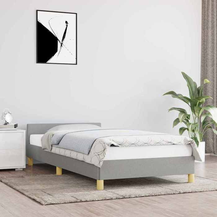 Cadre de lit tissu - UU - 90x190 cm - Gris clair - Tissu polyester - Lattes de contreplaqué - Pieds robustes