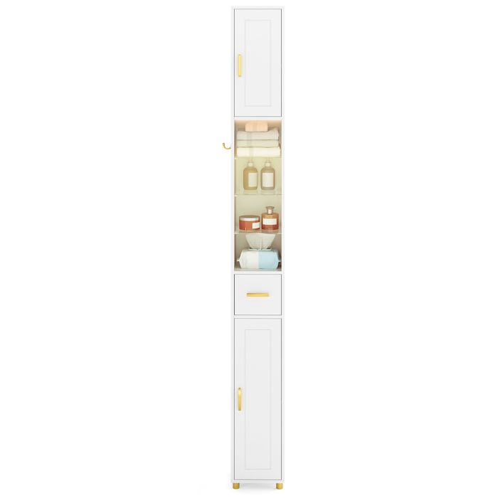 GIANTEX Colonne de Salle de Bain Étroit- 20x20x181cm- Lumière Réglable- Étagère Réglable- 3 Étageres en Verre- Tiroir- Crochet-Blanc