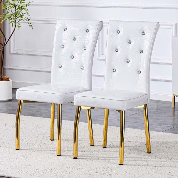 Lot de 2 chaises de salle à manger rembourrées - Motif peau de crocodile vintage - Pieds en métal - Matériau PVC - Blanc - Élégant