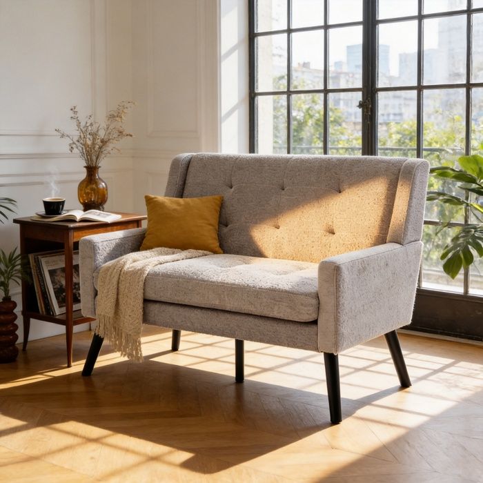 Canapé Design 2 places Capitonné Gris - Banquette Chesterfield avec assise Ouaté et Epais- Pieds en Bois massif - Stable et Chic
