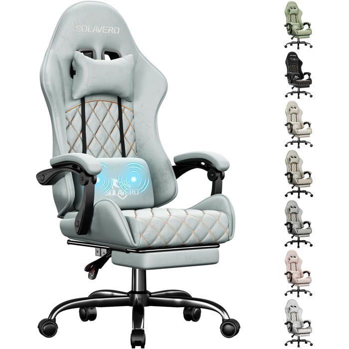 EcoFurnix - Chaise Gaming en Tissu Suédine - Support Lombaire Massante - Fauteuil Gamer Ergonomique - Tissu Respirant - Bleu Clair
