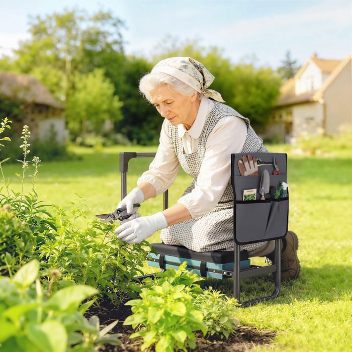 Tabouret de jardin pliable agenouilloir de jardin avec coussin rembourré en mousse EVA poches à outils gris foncé