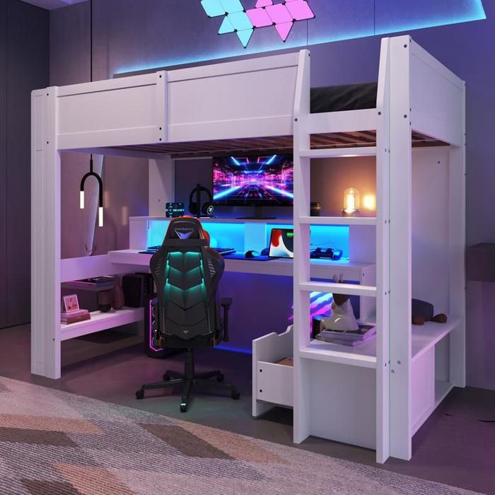 Lit mezzanine 90x200 cm avec éclairage LED et bureau Lit enfant avec tiroir et étagères Lit 1 Personne en blanc