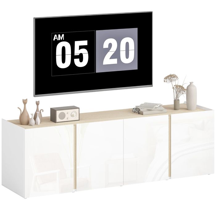 Meuble TV - HOMCOM - 4 portes à fermeture amortie étagère réglable et passe-câbles - panneau de particules - blanc