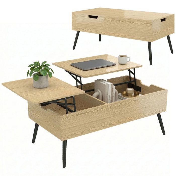 Table basse relevable - HOMCOM - double plateau - compartiment caché - bois et métal - 100 x 50 x 58 cm - bois naturel