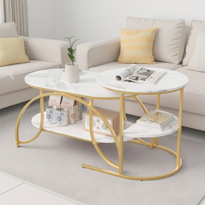 Tables basses - Lot de 2 design imitation marbre avec espace de rangement cadre métal gigognes salon et chambre 80/52 cm - Doré